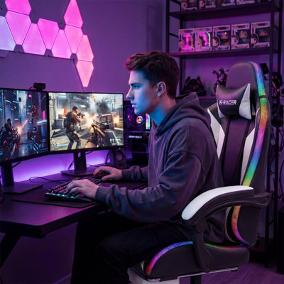 Ergonomic PC & Racing Game Chair with LED Lights & Massage Lumbar Pillow Adjustable Reclining Gaming Chair with Footrest