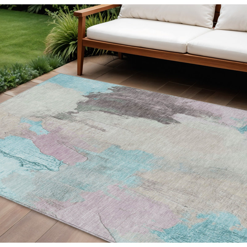 Tapis d'extérieur lavable abstrait bleu sarcelle 9 pi x 12 pi bleu et beige