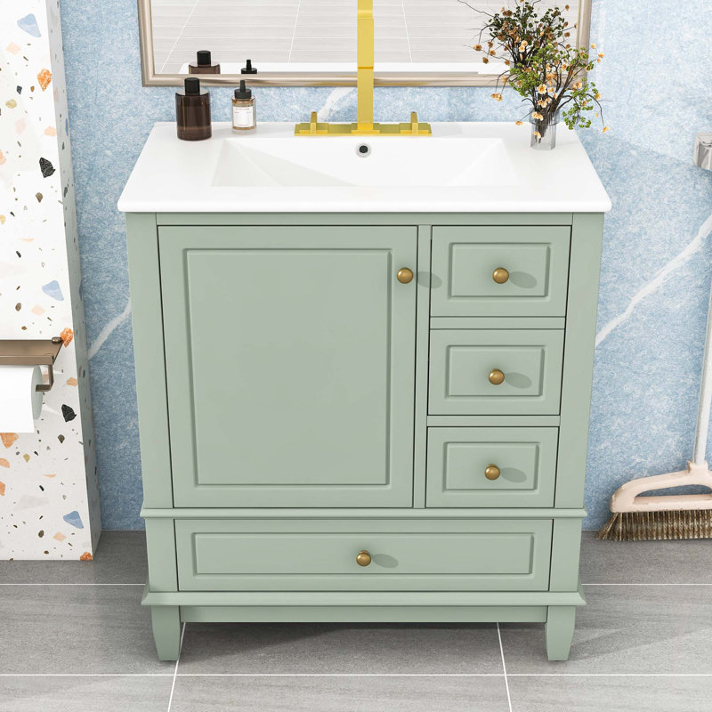Meuble-lavabo avec lavabo, tablette et trois tiroirs, Vert clair
