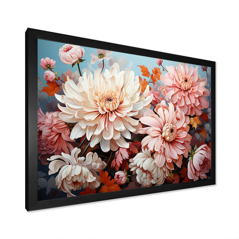 Chrysanthèmes - collage rose et blanc - impression, Cadre simple noir, H 34 po x l 44 po x P 1,5 po
