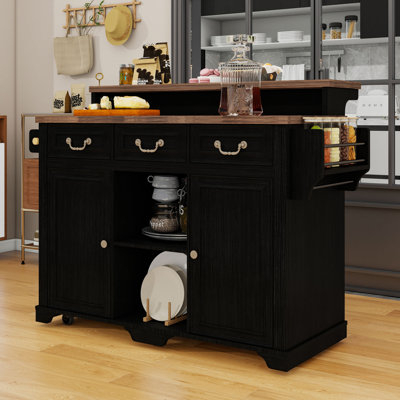 Two-Tiered Kitchen Island Cart with Hidden Wheels, Adjustable Storage and Built-in Charging Station