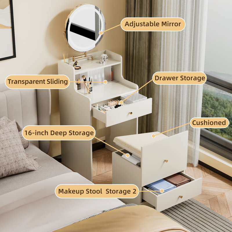 Makeup Vanity Desk With Mirror And Light, 3 In 1 Vanity Desk Set With Storage Hidden Stool, Charging Station And Open Storage Space, Compact Dressing Table