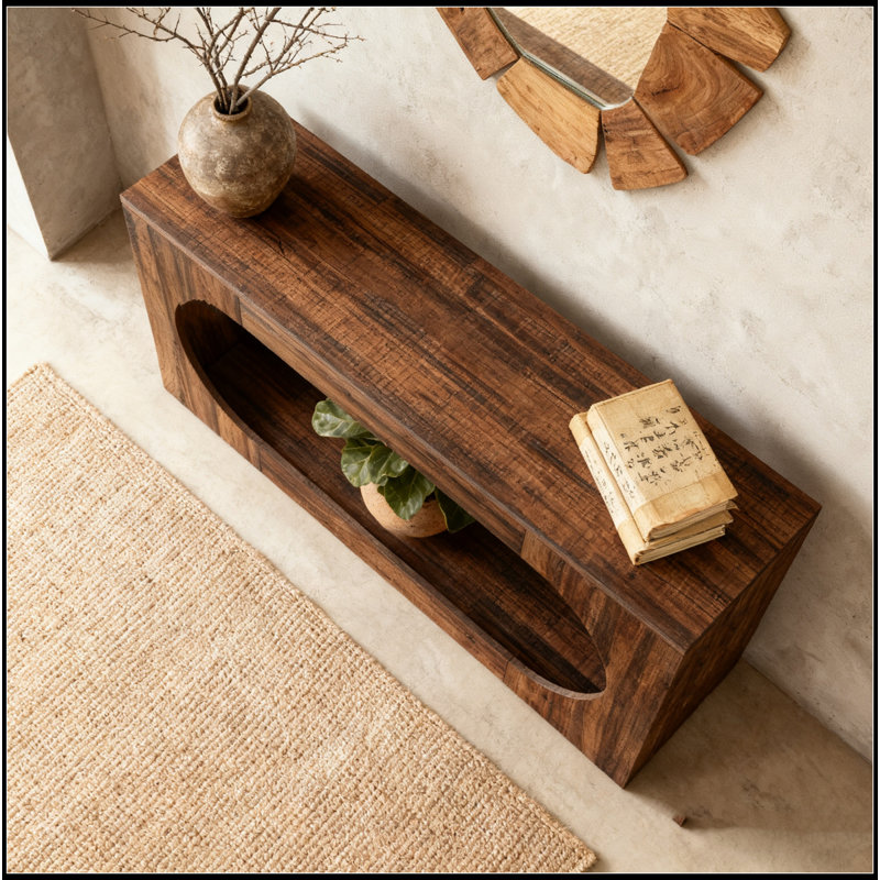 Console 63 po avec bord festonné - Table de canapé à 2 niveaux en bois derrière le canapé, table d'entrée rustique pour le salon