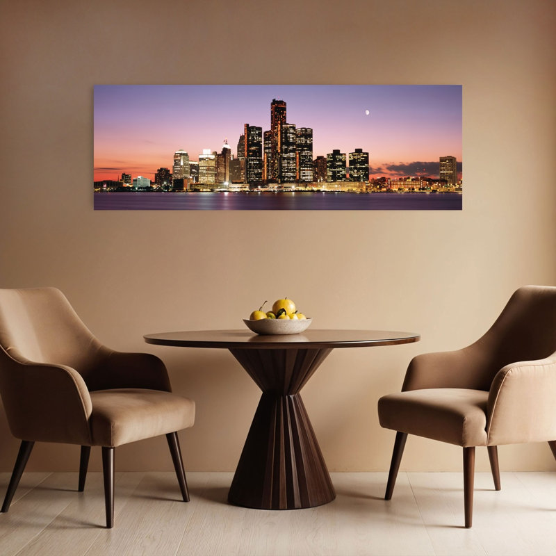 Night Skyline Detroit MI 1 Piece Wrapped Canvas Panoramic Wall Art, 40.64 cm H x 121.92 cm W