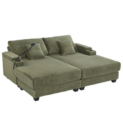 Xyra 75.5" Corduroy Upholstered Adjustable Chaise Lounge Sofa with Cup Holders, Phone Holder & Storage