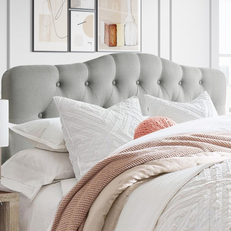 Linen Upholstered Headboard-Modern-Adjustable Height-Button Tufting, Gray, King