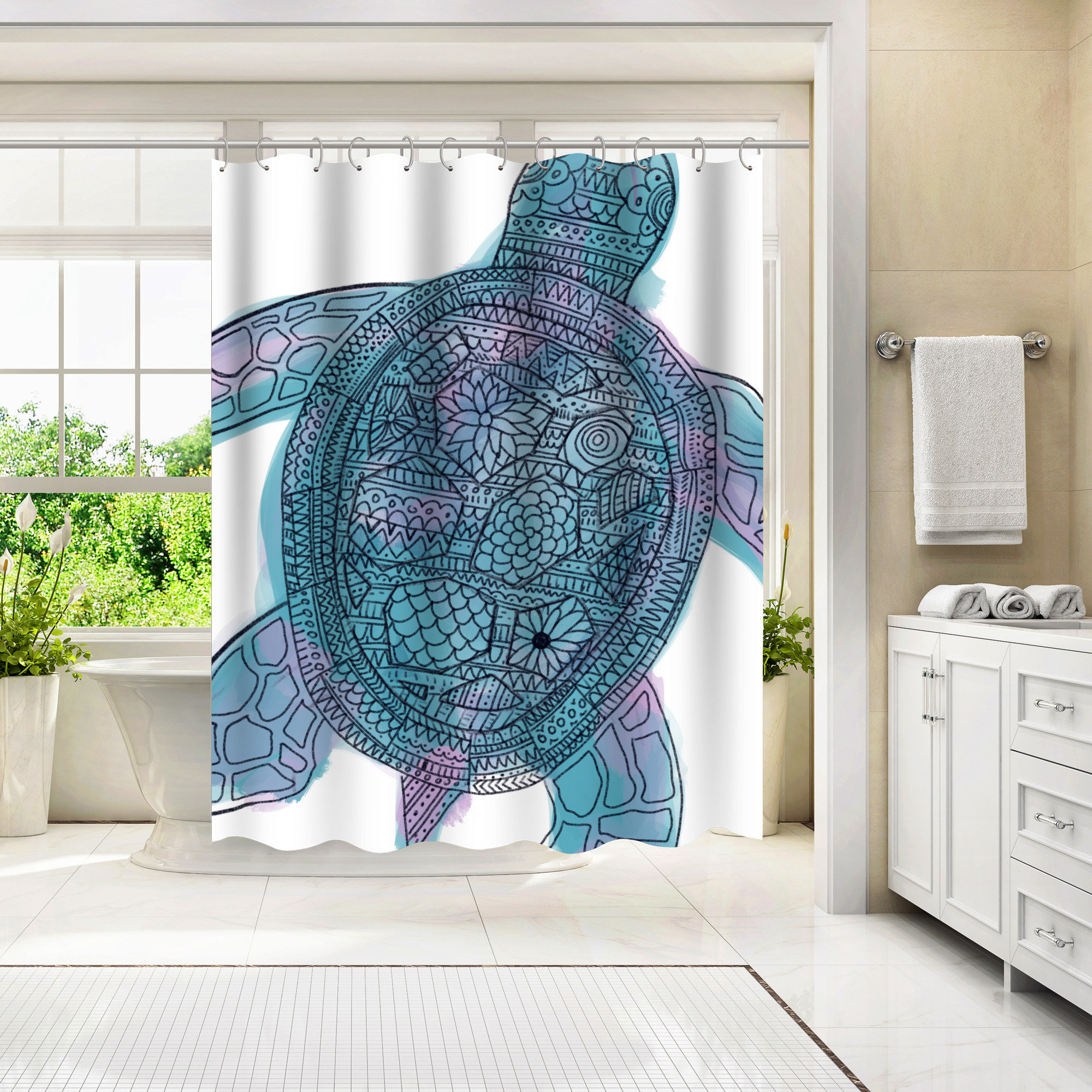 71 x 74 Shower Curtain, Watercolor Tribal Pattern Sea Turtle by Jetty  Printables