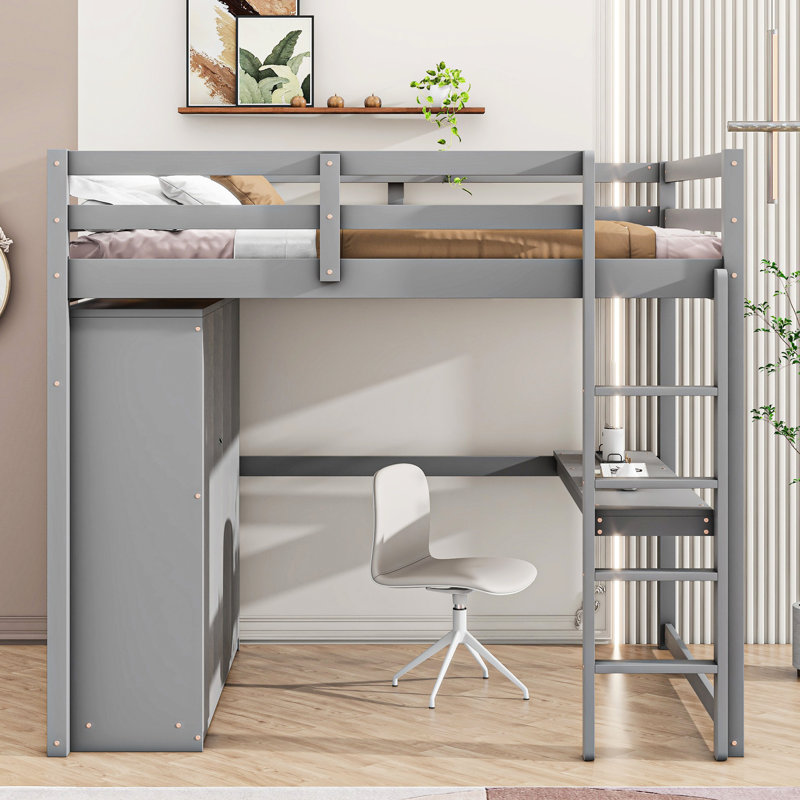 Lit mezzanine avec bureau fonctionnel, garde-robe et espace de rangement encastré pleine grandeur, Gris