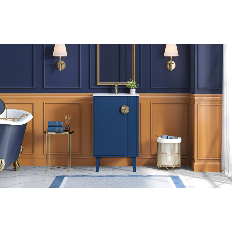 Ensemble de meuble-lavabo compact de style français avec lavabo en céramique, bois bleu, conception peu encombrante