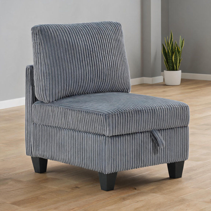 Fauteuil de chambre modulaire sans accoudoirs avec rangement sous le siège, structure en bois massif de revêtement en velours côtelé gris classique
