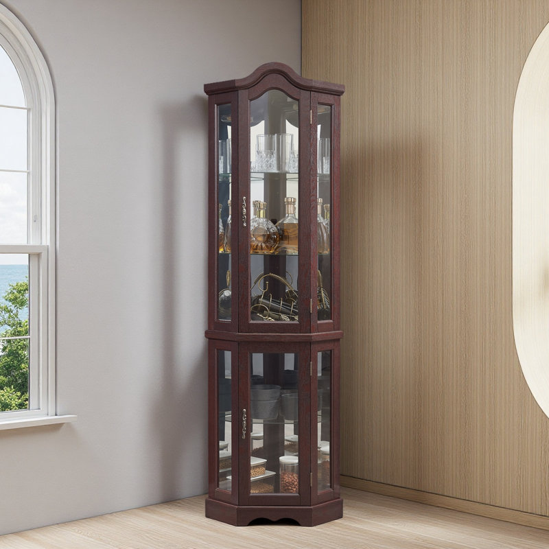 Vitrine de coin lumineuse avec portes et tablettes en verre trempé - rangement élégant en chêne pour le salon, Cerisier
