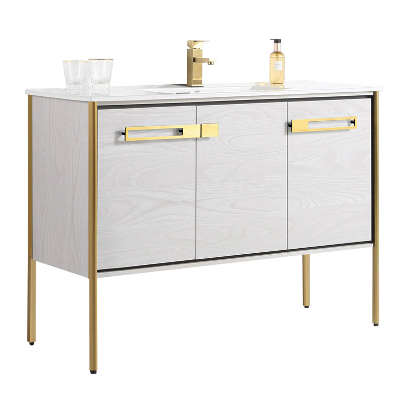 Meuble-lavabo simple 48 po, Laiton satiné, Chêne gris doux