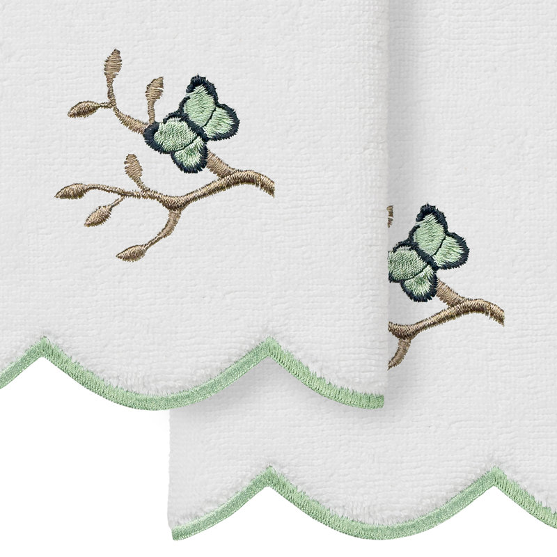 100% Turkish Cotton TERESA Scallop 2PC Embellished Fingertip Towel Set, Finger Tip Towel - 2 Pack, White/Green