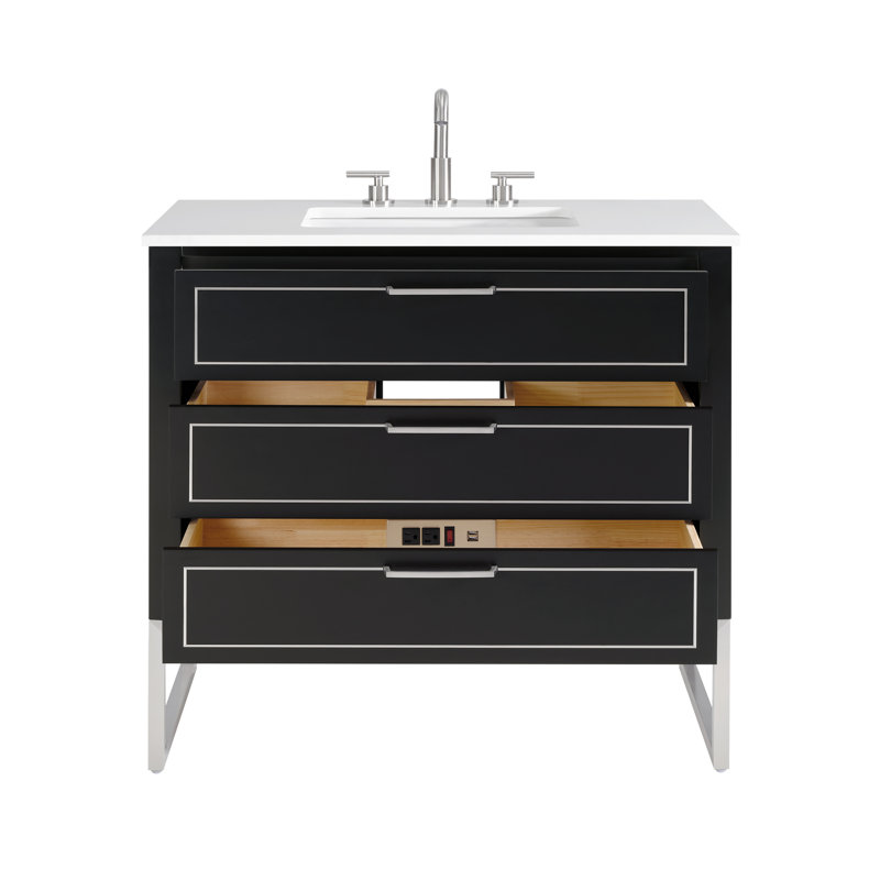 Markham 36 in. Single Vanity, White Quartz, Midnight Black, Brushed Nickel