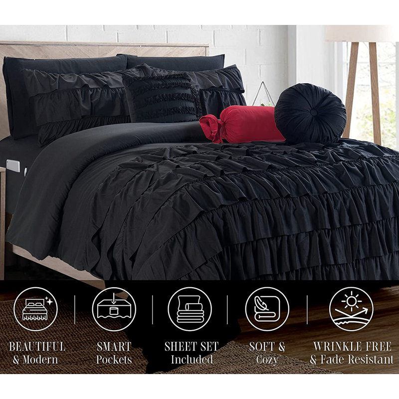 Elegant Comfort Ring Stitch Comforter, Black, Full/Double Comforter + 9 Additional Pieces