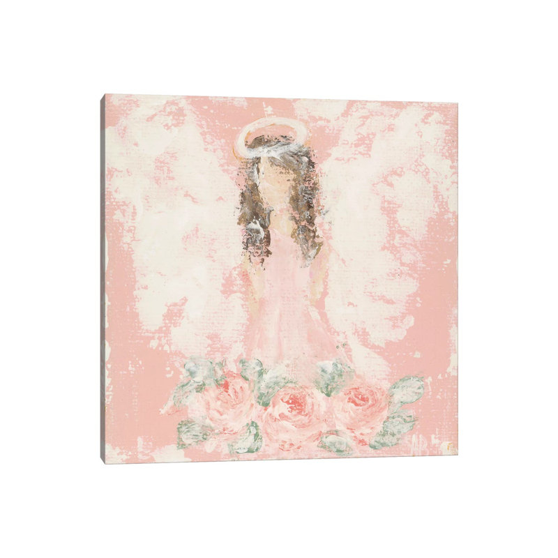 «Pink Floral Angel» par Ashley Bradley - reproduction d'art, H 12 po x l 12 po x P 1,5 po, Toile avec cadre noir