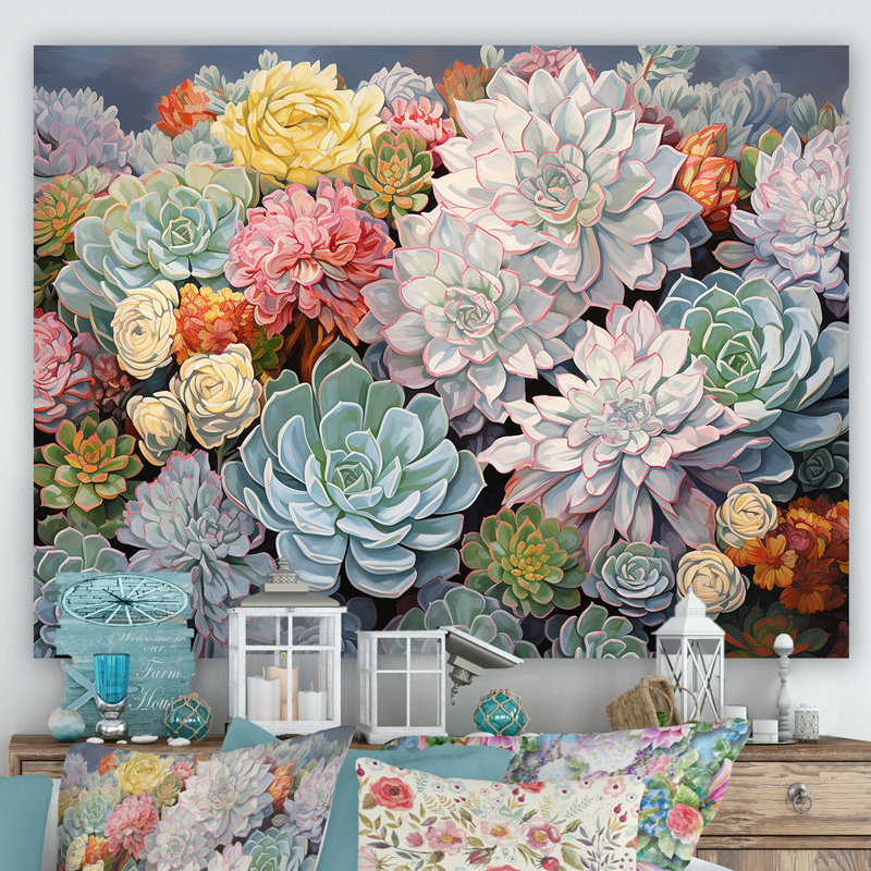 Breloque succulente bleue, Toile tendue, H 34 po x l 44 po x P 1,5 po
