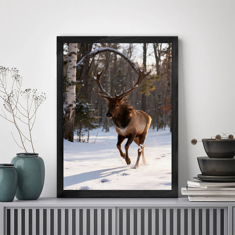 Art mural encadré noir cerf rétro par temps neigeux, H 11 po x l 9 po