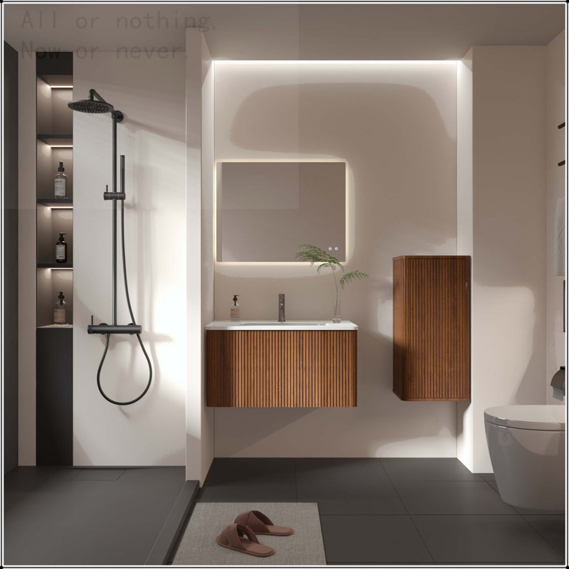 Striped Wall Mounted Floating Cabinet, Walnut