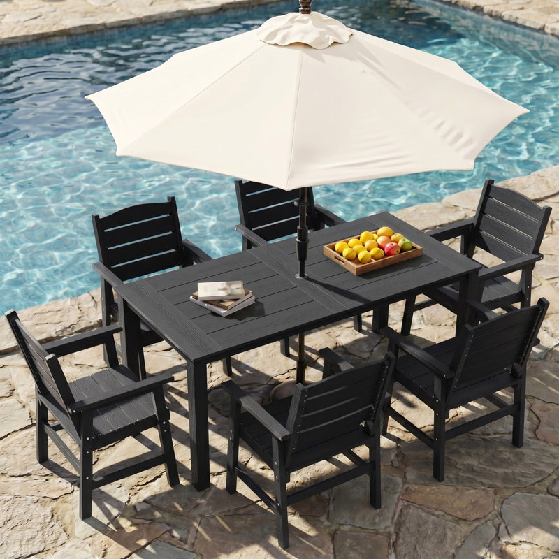 Patio Dining Set for 6 Person All Weather 7 Piece HIPS Outdoor Patio Table and Chairs Set with Umbrella Hole & Aluminum Frame Plastic Outside Furniture for Backyard, Garden, Deck, Poolside, Black