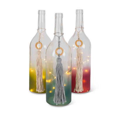 Assortiment de bouteilles de vin ombrées givrées avec pampilles en coton, lumières blanc chaud et minuterie (ensemble de 3)