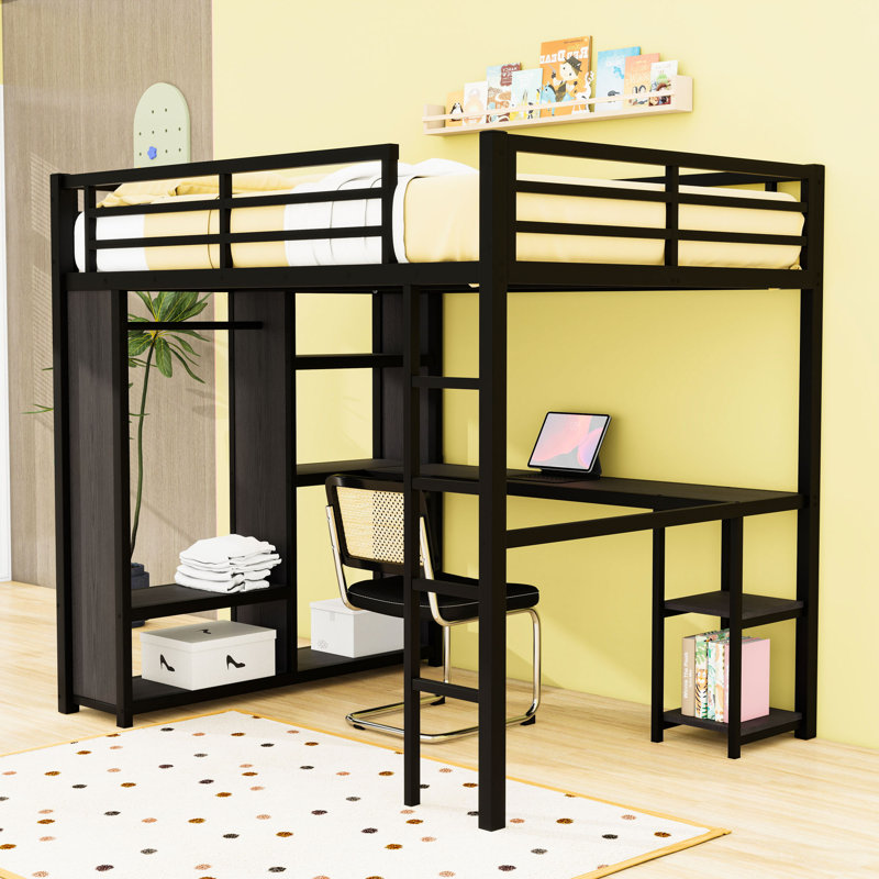 Metal Loft Bed with Wardrobe and Desk,Shelves, Black, Full