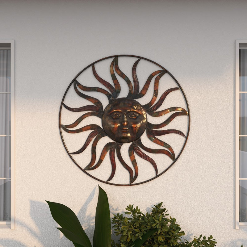 Brown Metal Indoor Outdoor Sun Wall Decor with Colorful Painted Accents
