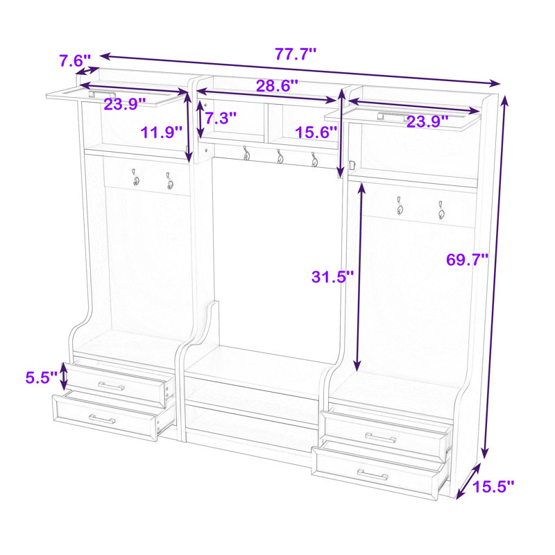 Multi-Functional Hall Tree with Storage Cabinets, Drawers and Hooks, White