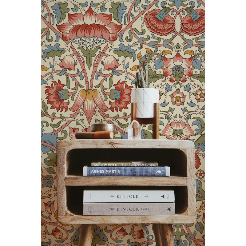 Papier peint vintage avec vignes florales en sauge corail et bleu, L 115 po x l 225 po