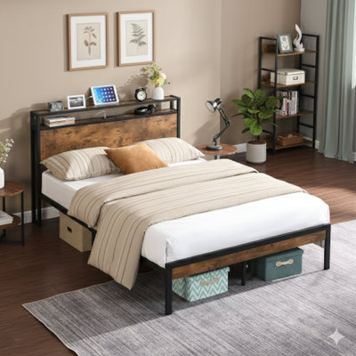 Base de lit plateforme pleine grandeur en métal avec tête et pied de lit en bois, ligne USB, aucun sommier requis, grand rangement sous le lit, assemblage facile