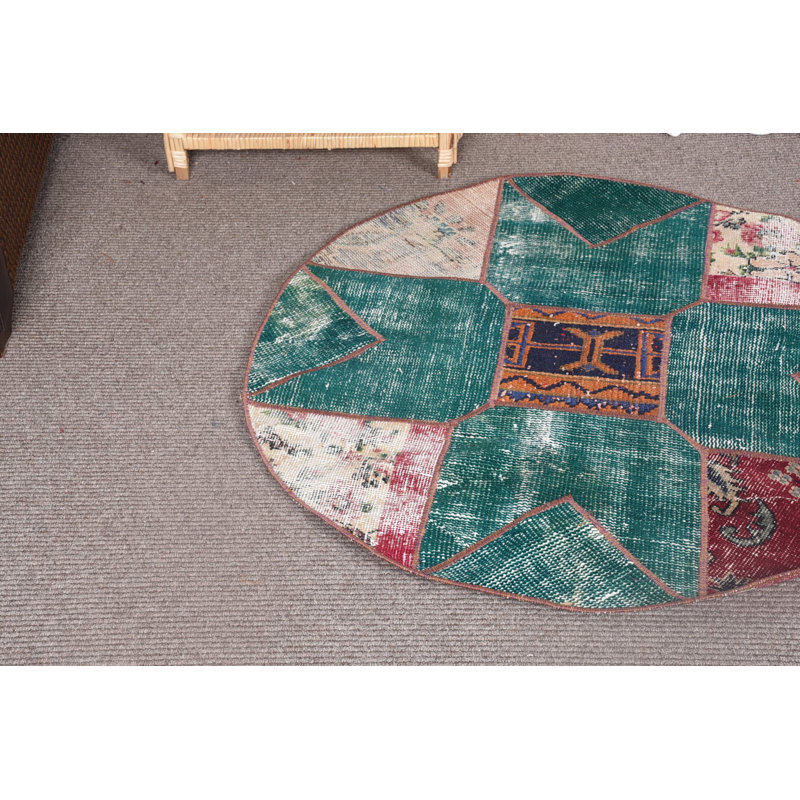 Tapis turc, petit tapis de 3,3 pi x 3,3 pi, tapis tissés à la main verts, tapis rétro, tapis de cuisine