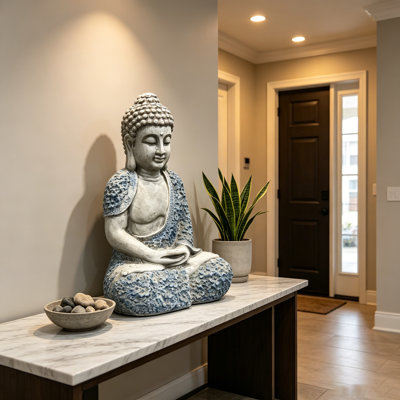 Meditating Buddha Garden Sculpture | Weatherproof Resin Statue with Floral Robe Details for Patio or Zen Garden