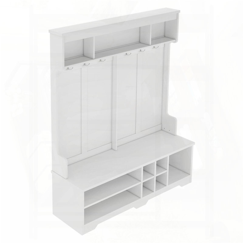 Modern Hallway Hall Tree with Metal Hooks and Shoe Cubbies (White), White