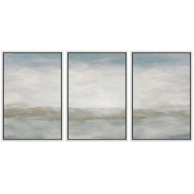 Soft Neutral Abstract Coastal Horizon Minimal Wall Decor - Pictures Framed Canvas Print 3 Pieces Wall Art.