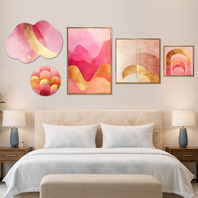 «Contemporary Flow I» rose et or arcs - ensemble de 5 grandes décorations murales abstraites, impressions sur toile et métal (100 po x 40 po)