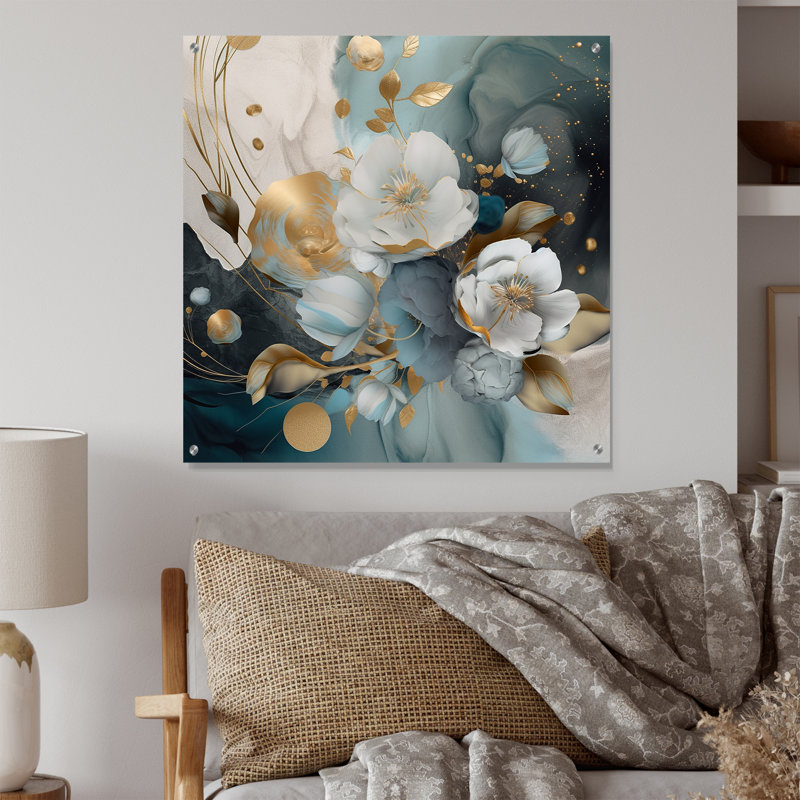 Blue Marble Gold Floral Impressions II - Art mural acrylique floral, H 30 po x l 30 po