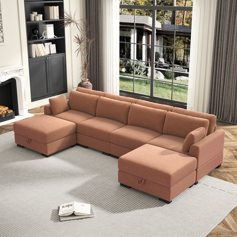 Mynyr 6 - Piece Corduroy Sectional, Orange Corduroy