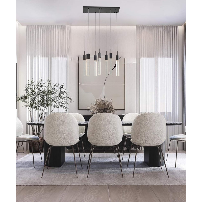 Lustre rectangulaire 7 lumières pour îlot de cuisine avec détails en cristal, Noir mat