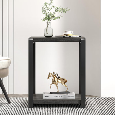 Table de bout carrée rustique moderne avec rangement, surface en grain de bois et structure en métal noir, l 19 po x P 18 po x H 22 po, pour le salon, la chambre à coucher, le bureau et les petits espaces