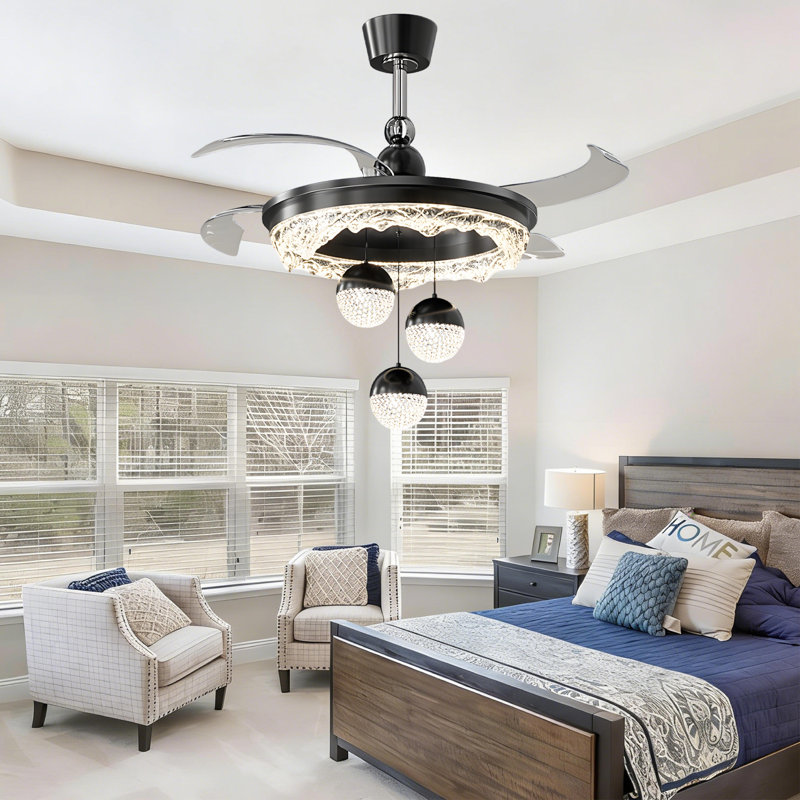 42" Modern Ceiling Fan with LED Lights and Remote Control, Acrylic Shade Indoor Ceiling Fan for Bedroom Living Room