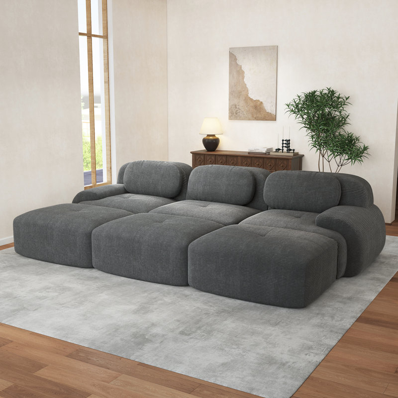 Three-Seat Modular Sofa With 3 Ottomans Corduroy Boneless Fabric 32D High-Resilience Sponge Living Rooms Media Rooms