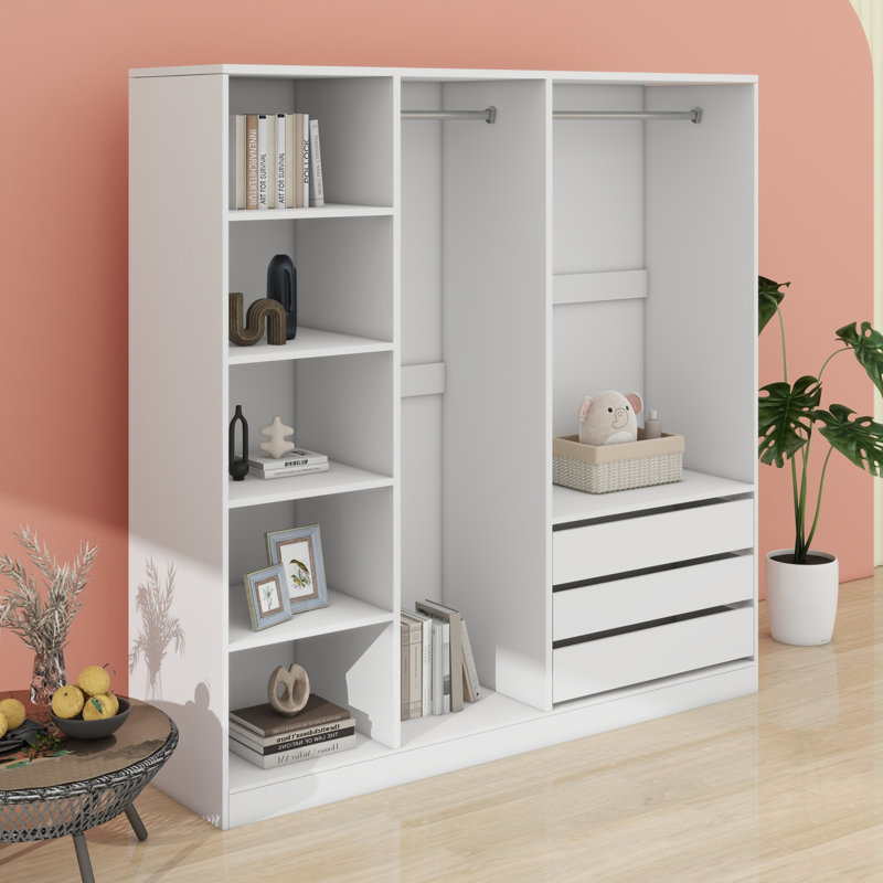 Armoire de rangement sans porte en bois pour chambre à coucher avec tablettes et tiroirs, Blanc