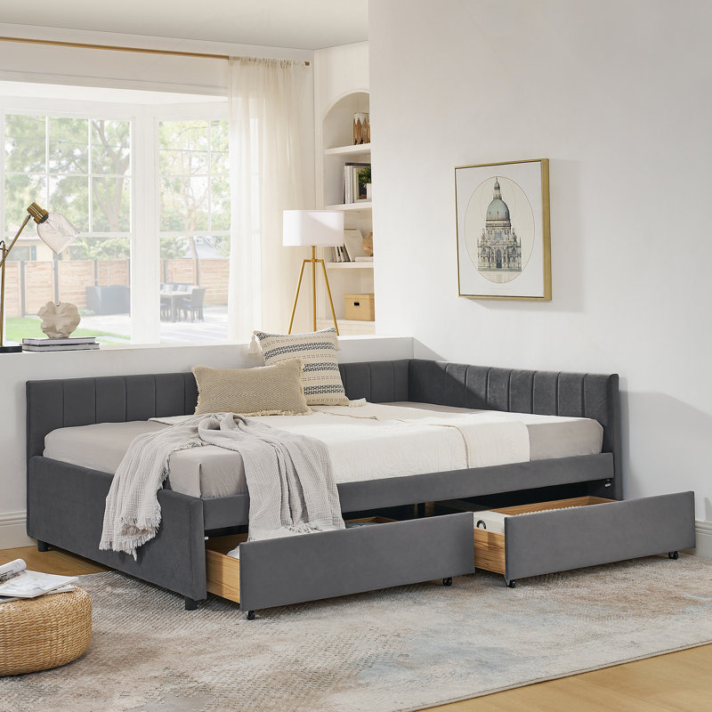 Upholstered Tufted Bed With Two Drawers,Comfortable Backrest And Armrests, Gray