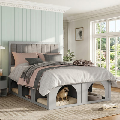 Queen Size Pet-Friendly Platform Bed with Under-Bed Nook, Heavy Duty Bed Frame, Light Grey