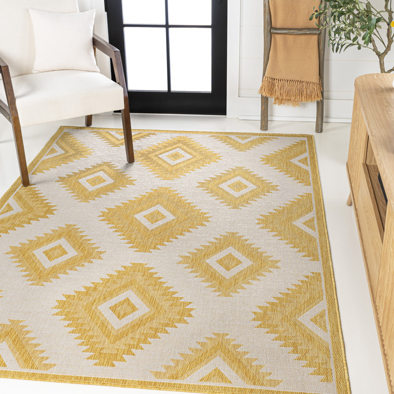 Kyona Geometric Moroccan Diamond Yellow/Cream Indoor/Outdoor Rug, Rectangle 4' x 6'