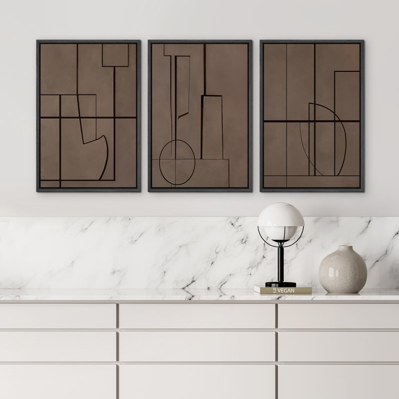 Formes abstraites rustiques, lignes géométriques brunes, style Mid-Century, Noir, H 24 po x l 16 po