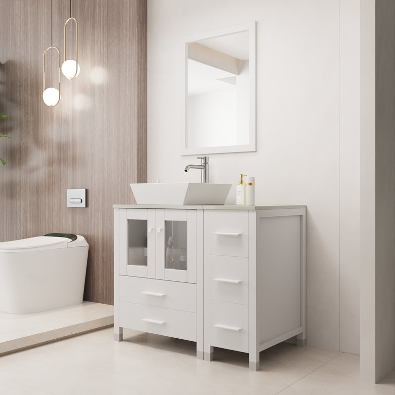 Meuble-lavabo autonome 36,6 po avec lavabo et miroir en céramique, Blanc