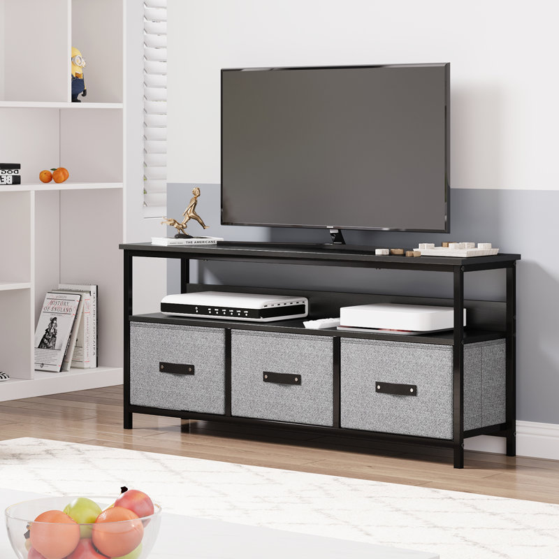 Commode télé moderne - Console multimédia avec tiroirs et tablettes ouvertes - Meuble audio-vidéo avec rangement multifonctionnel pour le salon ou la chambre à coucher - Convient aux téléviseurs de 55 po ou moins - Tissu imprimé noir
