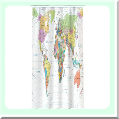 GeoSplash World Map Shower Curtain - Educational, Colorful, Waterproof Polyester Fabric, Bathroom Decor Set with Hooks, Hotel Quality