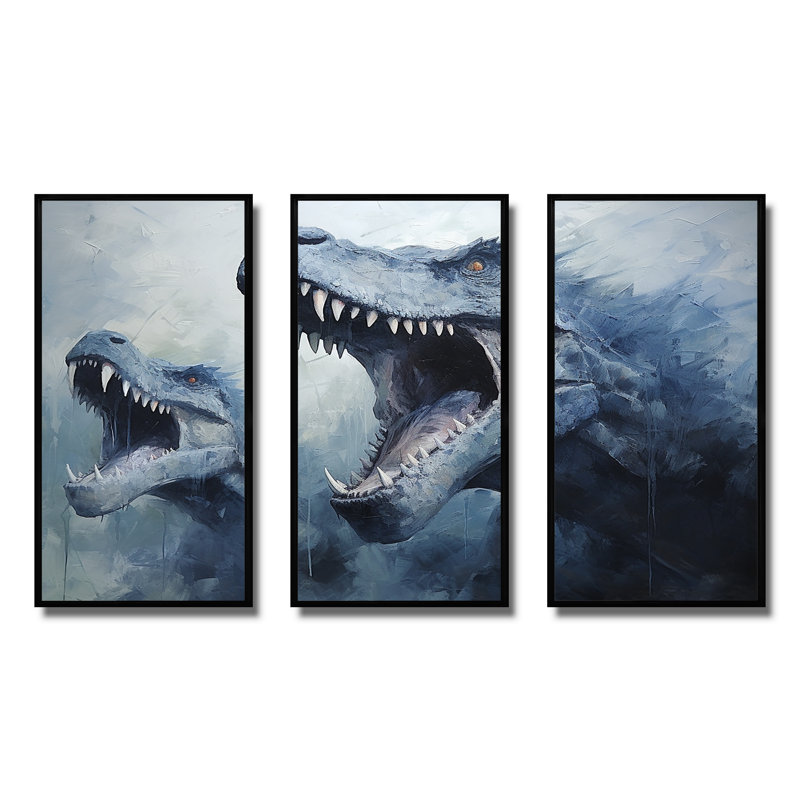 Ancien dinosaure bleu et gris II - dinosaure, art mural, H 28 po x l 36 po, Cadre flottant noir